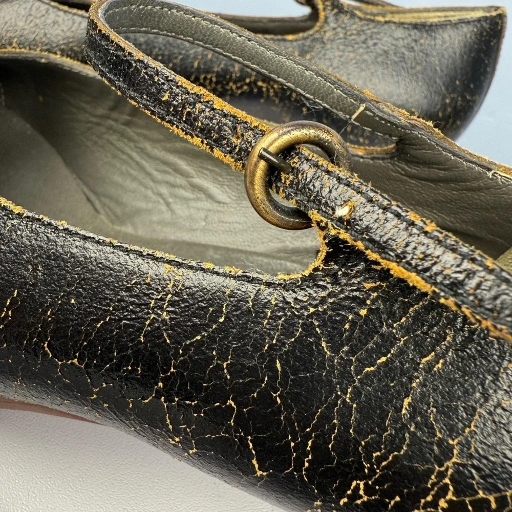 Vintage 2001 MIU MIU‎ Size 37 Black Crackle Leather Mary Janes Kitten Heels Y2K